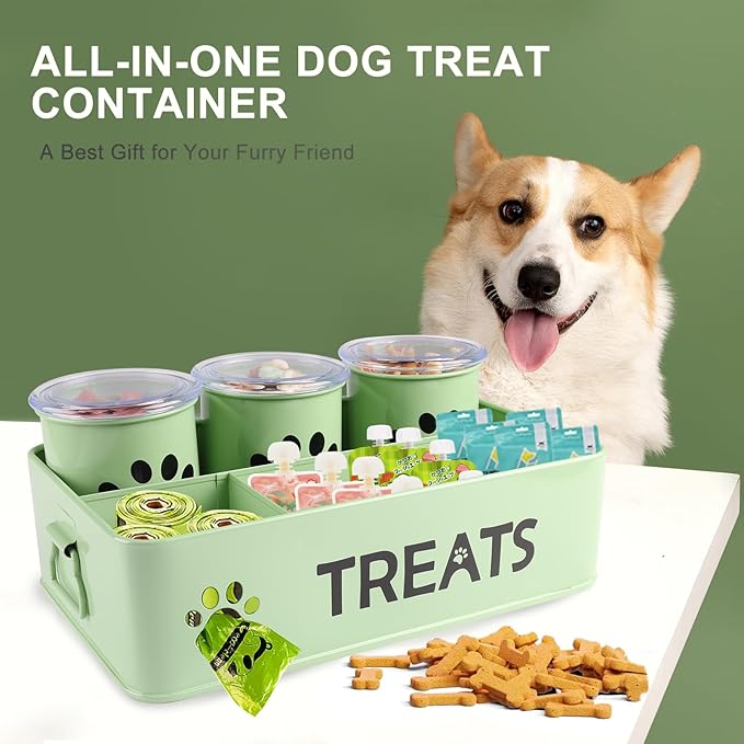 28oz Metal Dog Treat Container Set of 3,Dog Treat Jars with Airtight Lids,Cat Treat Jar,Dog Treat Canister for Countertop,Coated Galvanized Steel Dog Treats Station-Green