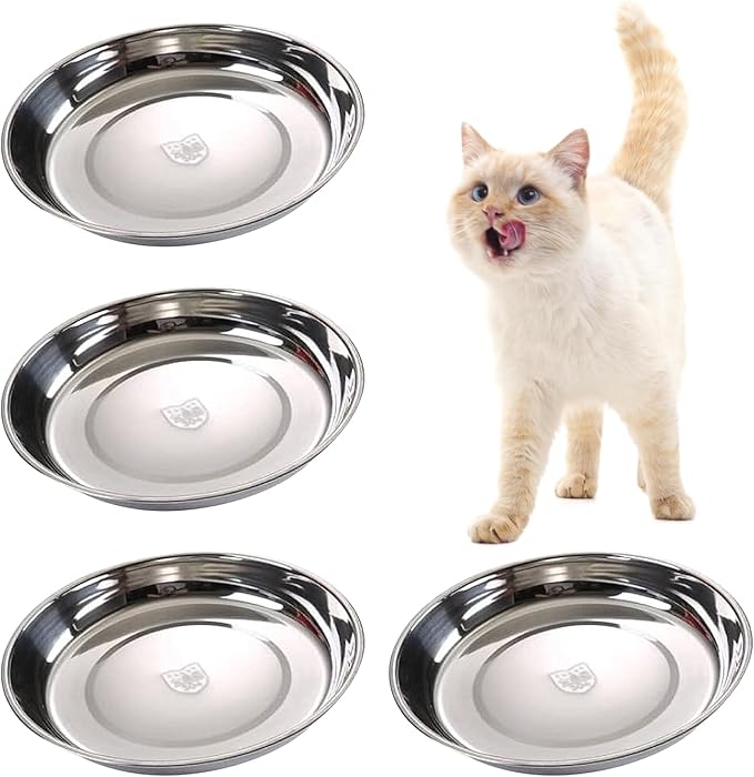 4PCS Stainless Steel Cat Bowls, 5.5" Dia Shallow Cats Water Food Dish Replacement Whisker Fatigue Relief Plate Stackable Metal Pet Feeding Bowl Basic Bulk for Puppy Dogs Elevated Stand