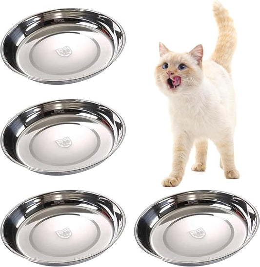 4PCS Stainless Steel Cat Bowls, 5.5" Dia Shallow Cats Water Food Dish Replacement Whisker Fatigue Relief Plate Stackable Metal Pet Feeding Bowl Basic Bulk for Puppy Dogs Elevated Stand
