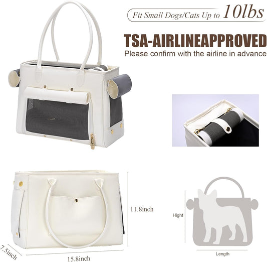 Fashion Pet Carrier Purse for Small Cat and Dog, Luxury Pu Soft-Sided Tote Bag with Large Pockets for Dogs and Puppies (White, 15.8" L x 7.5" W x 11.8" H)