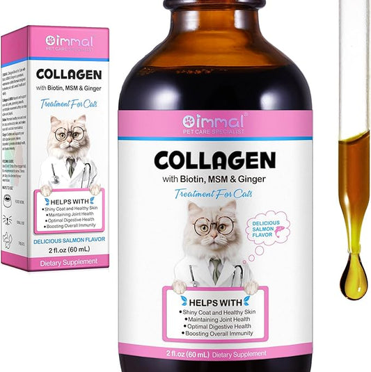 Collagen for Cats, Daily Liquid Collagen Drops for Cats with Allergies, Biotin, Vitamin C and Hyaluronic Acid, Improves Mobility Skin and Coat Health, Itch Relief for Cat, Salmon Flavor, 60ML