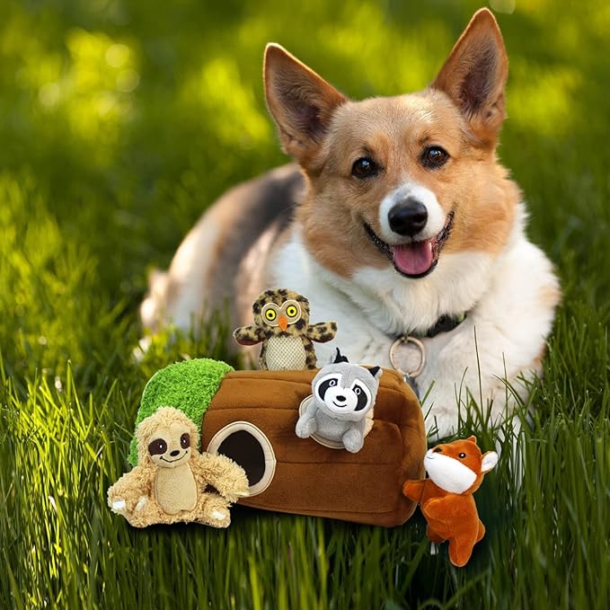 Hide and Seek Dog Puzzle Puppy Toys, Interactive Squeaky Plush, Stuffed Toys for Dogs, Small Size(Sheep, Panda, Forest Animals) (Tree Hole Mix Medium)