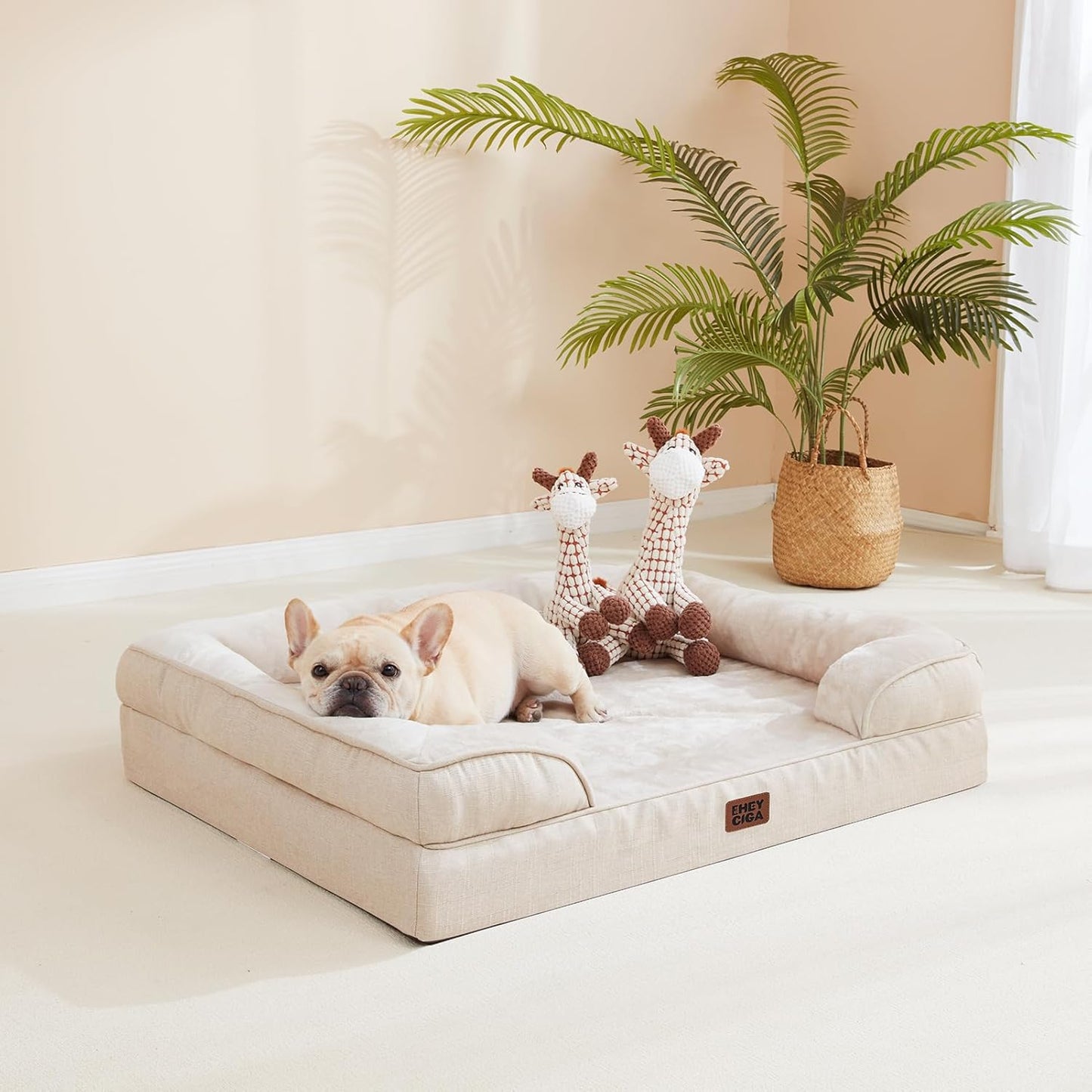 EHEYCIGA Orthopedic XL Dog Beds, Waterproof Memory Foam Dog Bed for Extra Large Dogs, Non-Slip Bottom and Egg-Crate Foam Big Pet Couch Bed with Washable Removable Cover, Beige