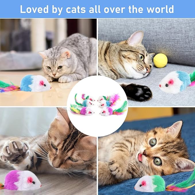 10 Pack Cat Mouse Toy With Fur, Feather, and Rattle Sounds - Interactive Catnip Mice for Chasing, Hunting, Exercising - Kitten Chewing and Teeth Cleaning Toys (Color Random)