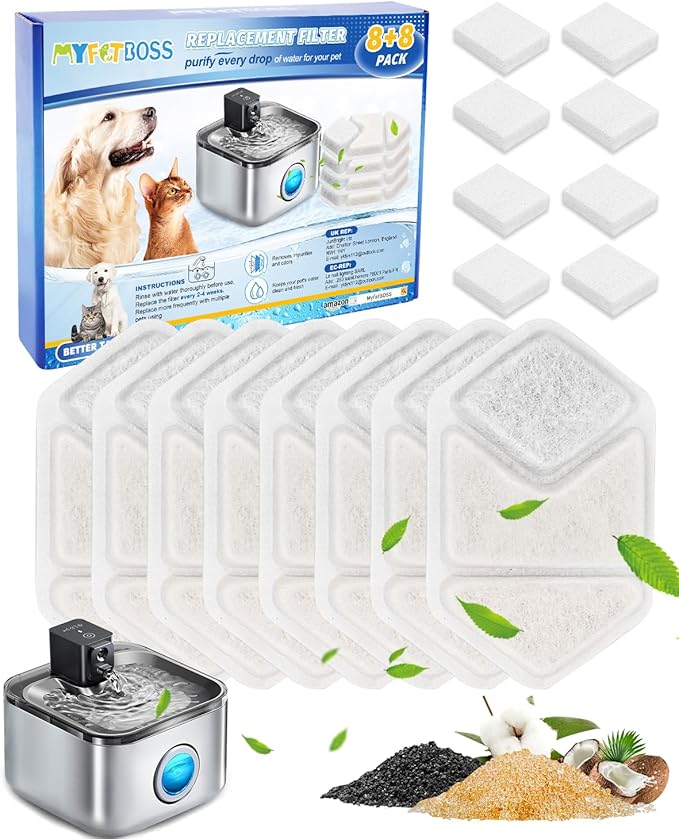 Cat Water Fountain filter Replacement Compatible with Speedeer Wireless Cat Water Fountain Stainless Steel Filters 135oz/4L ZTI0506, Multi-Layer Filtration System, 8+8 Pack