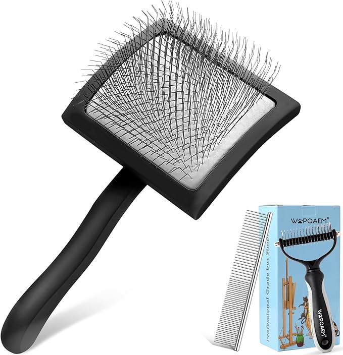 Slicker Brush for Dogs, Long Pin Dog Grooming Brush for Goldendoodles, Poodles, Doodles, Includes Pet Comb & Undercoat Rake, Perfect for De-Shedding, Dematting & Reducing Tangles. Large, Black