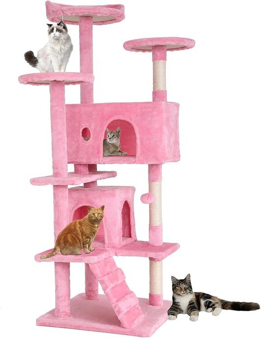 BestPet 54in Cat Tree Tower for Indoor Cats,Multi-Level Cat Furniture Activity Center with Cat Scratching Posts Stand House Cat Condo with Funny Toys for Kittens Pet Play House (54in, Pink)