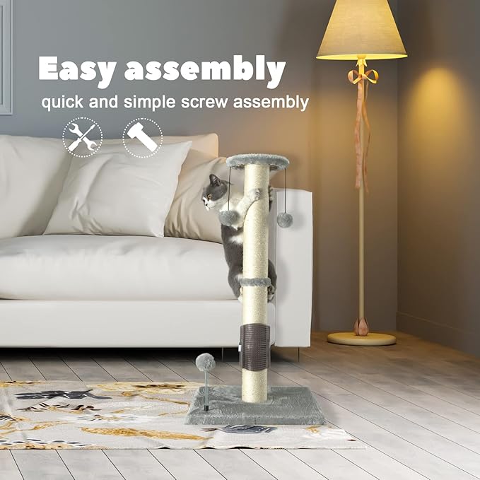 PEEKAB 32" Tall Cat Scratching Post Sisal Scratch Posts with Hanging Ball and Self-Massage Brush Vertical Scratcher for Indoor Cats and Kittens Light-Gray 32inches