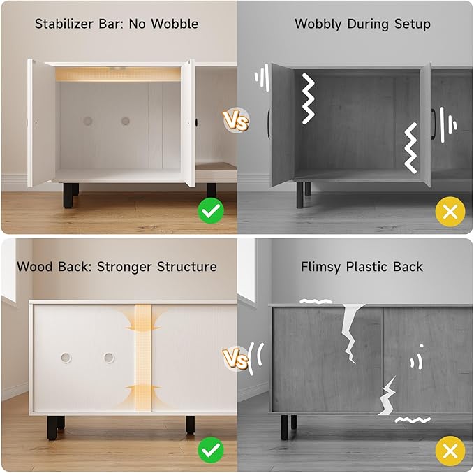 59 Inches Cat Litter Box Enclosure for 2 Cats, Hidden Litter Boxes Furniture with Cat Scratch Pad, Large Indoor Pet House with Double Room, Wooden TV Stand Side Table, Off White