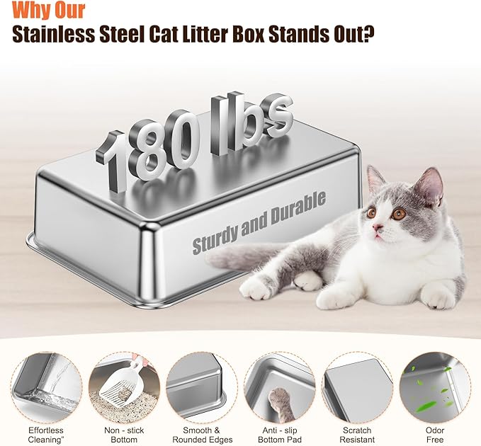 Stainless Steel Cat Litter Box with Lid Extra Large Open-Top Dual Entry Enclosed Metal Pan Tray with High Sides Pedal Scoop Non-Stick Anti-Leakage Easy Cleaning for Big Multi-Cat (Brown)