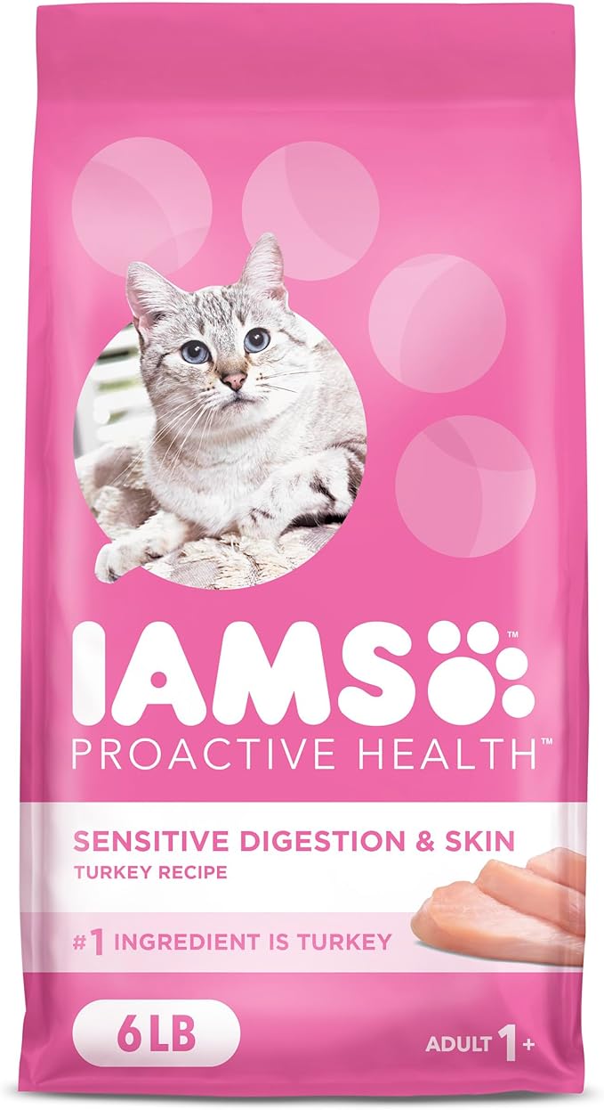IAMS Proactive Health Adult Sensitive Digestion & Skin Dry Cat Food with Turkey, 6 lb. Bag