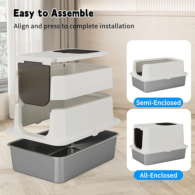 RIZZARI Stainless Steel Cat Litter Box, Enclosed Top-Entry Design, Large Capacity High-Sided Leak Proof Litter Pan for Cats, Easy Clean Pet Toilet (Beige, with Cat Litter)