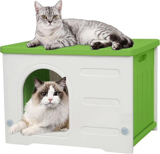 Deblue Plastic Cat House for Indoor Outdoor, Weatherproof Outdoor Cat House for Feral Cats, Unique Outside Cat Shelter for Small Pet, Easy to Assemble and Clean, Large Space - Green
