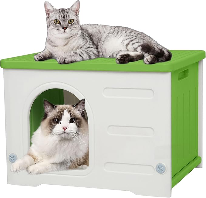 Plastic Cat House for Outdoor Indoor Use, Stackable Feral Cat Shelter Indoor Cat House Insulated Weatherproof Waterproof -Green