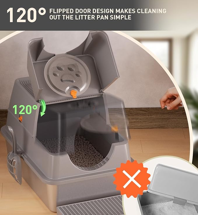 ITYLIFE CITYLIFE Stainless Steel Litter Box with Lid XL Large Enclosed Metal Box Anti-Leakagecat Litter Container Stainless Steel Includes Scoop, Odor Control Easy Cleaning, Light Grey