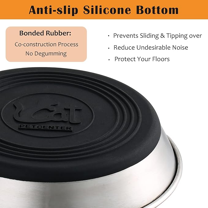 Stainless Steel Cat Bowls,Whisker Friendly Shallow Cat Dishes for Food and Water,Non-Slip Silicone Bottom,Heavy Duty,Replacement Kitten Metal Plate for Elevated Stands,2 Pack