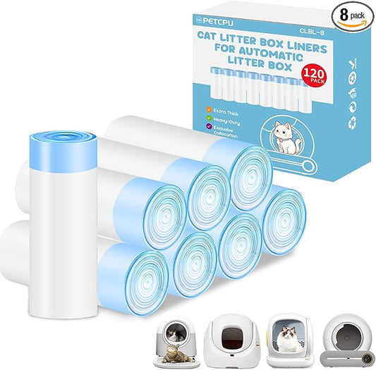 120 Count Cat Litter Box Liners for Self-Cleaning Cat Litter Box, Replacement Kitty Litter Liners, 8 Rolls Drawstring Waste Bags for Small Automatic Litter Boxs, 19.7 x 17.7 Inches（8 Packs/120 Counts）