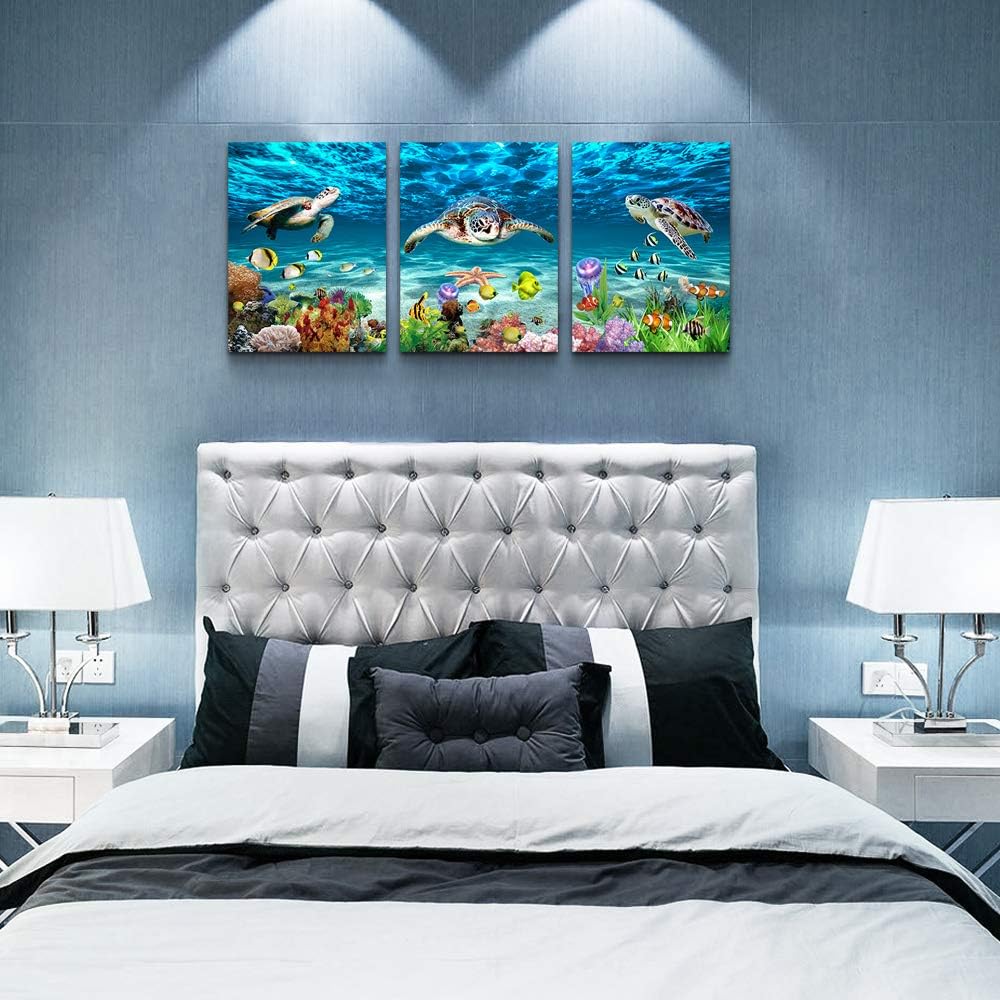 Canvas Wall Art for Living Room Large Size Wall decor for Bedroom Bathroom Wall Decoration blue Ocean Sea Turtle Paintings Modern shark Pictures Artwork office Decor Ready to Hang 16" x 24" 3 Piece