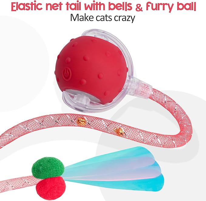 Interactive Cat Toys Ball for Indoor Cats, 2025 New Generation Automatic Moving Ball Toy with Elastic Mesh Tail, Chirping & Obstacle Avoidance and Motion Activated, Red【Rechargeable】