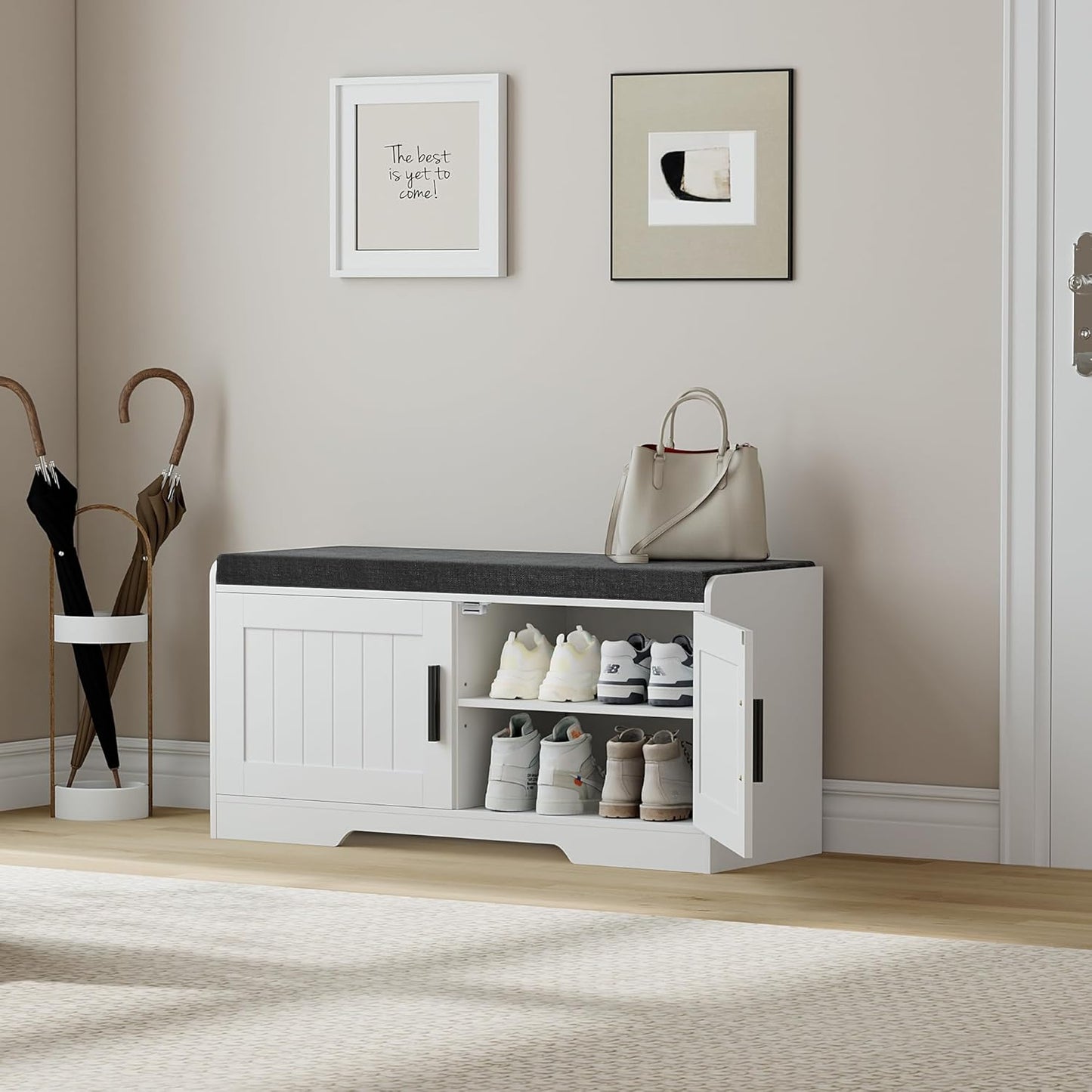 2-Tier Storage Bench, Shoe Bench with Thickened Padded Seat Cushion, Entryway Bench with 2 Doors, Adjustable Shelf, 13.8" D x 37.4" W x 18.5" H, for Entryway, Living Room, Bedroom, White