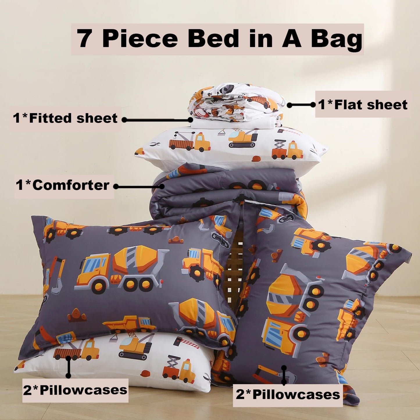 Kids Comforter Set 7 Piece Bedding Cute Car Cartoon Truck Bed Microfiber Comforter Twin Size All Season Excavator Car Truck Printed