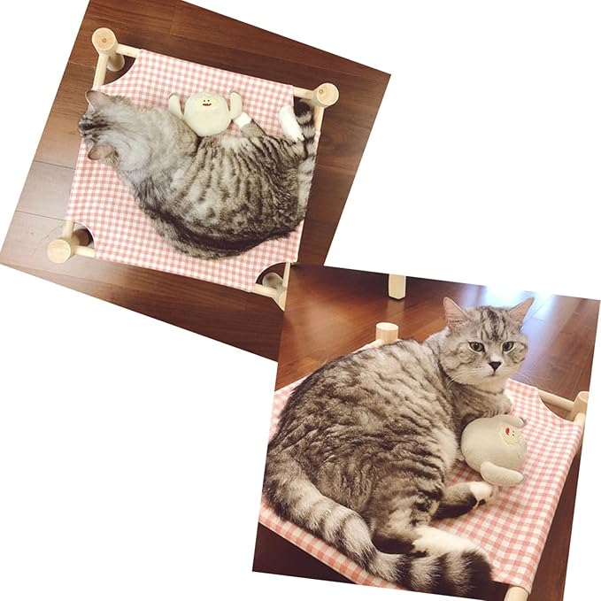 Pozico Elevated Cat & Dog Bed – Wooden Frame Pet Hammock for Small Dogs & Cats, Indoor/Outdoor Raised Bed with Breathable Mesh, Portable Pet Cot Furniture – Pink Grid