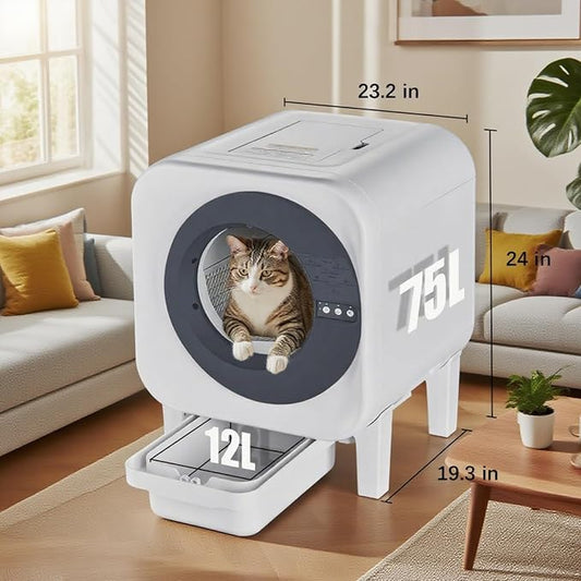 Smart Self-Cleaning Cat Litter Box, 75L Large Space & 12L Sealed Waste Drawer, APP Controlled Automatic Litter Tray with Odor Control & Health Monitoring, Safe for Multi-Cat Homes