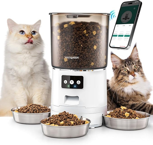 Smart WiFi Automatic Cat Feeder for 3 Cats, Strong Anti-Jam System, Dual-Effect Desiccant Cat Food Dispenser, 6L Pet Feeder with 10S Voice Recorder for Cats and Small Dog(Bright White)