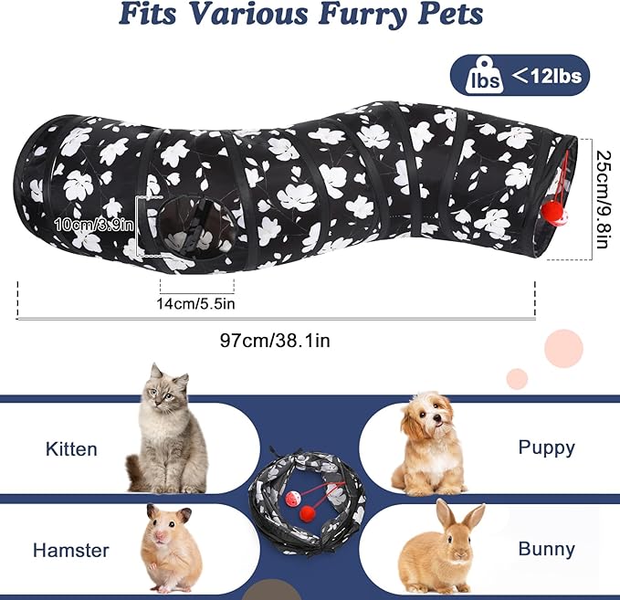 Pawaboo Cat Tunnel, S-Shaped Cat Tube Tunnel 25 * 97cm(9.8''*38.2'') with Balls and Bells, Collapsible Portable Kitten Play Tent Toy Interactive Cats House with Peep Holes for Kitty, Magnolia