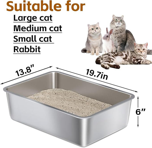 Stainless Steel Litter Box Large, Metal Cat Litter Box 6" High Sided, Metal Litterbox, Easy Clean Non Stick No Smell,Cats Litterbox Toilet Pet Supplies for Indoor Kitty, Kitten, Rabbit, Puppy