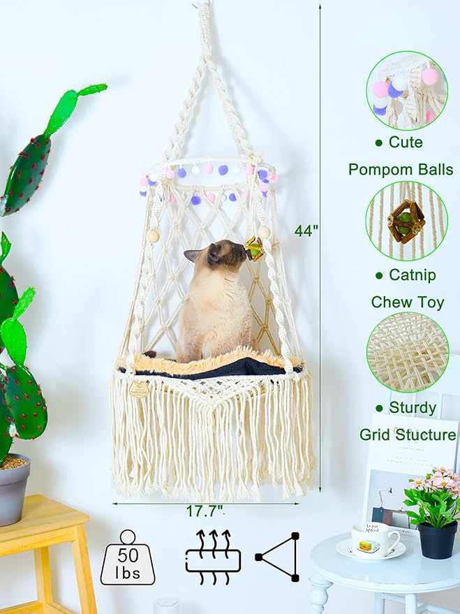 KARCEEY Hanging Cat Bed Macrame Cat Hammock Window Perch with Catnip Mat for Wall Window Indoor/Outdoor