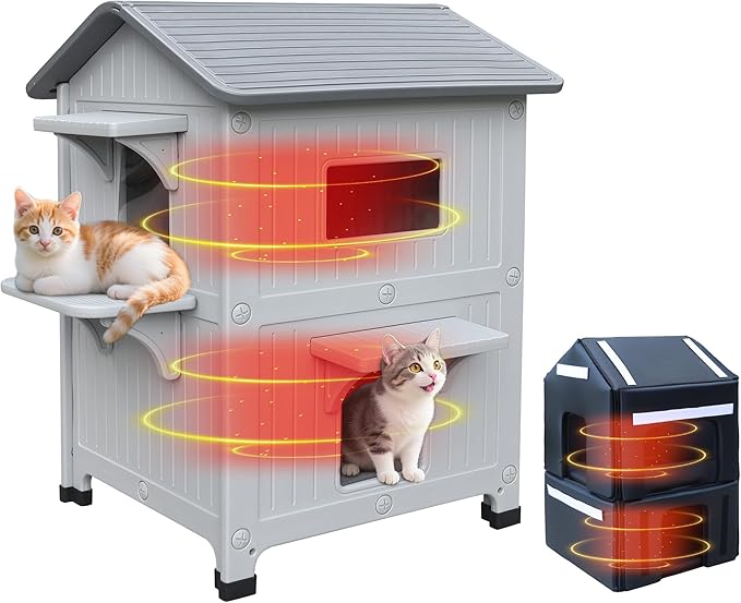 100% Insulated Outdoor Cat Houses for Winter, Waterproof 2 Story Outdoor Cat House with Insulated Liner, Outside Feral Cat Shelter for Outdoor Cats, Easy to Clean-Grey