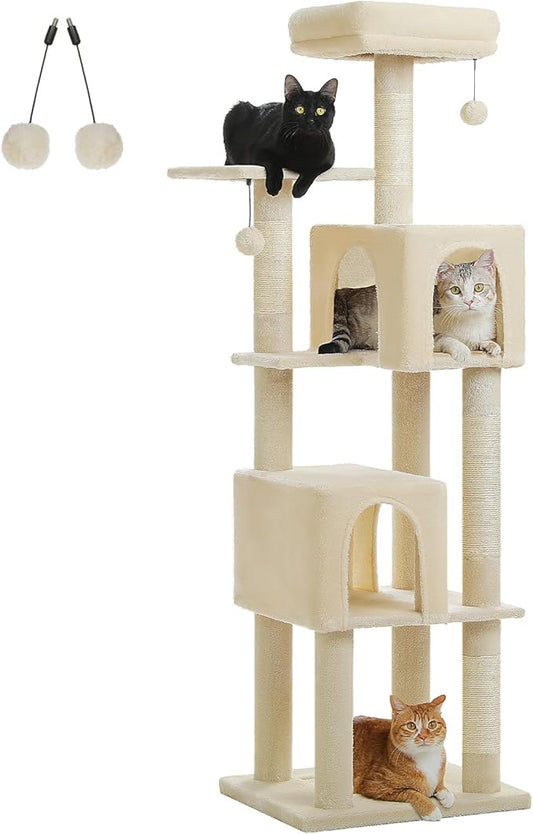 PAWZ Road Cat Tree Tower 62 Inches Cat Tree with 2 Condos,2 Large Perch,4 Scratching Posts & 1 Scratching Board, and 2 Hanging Balls for Indoor Cats-Beige