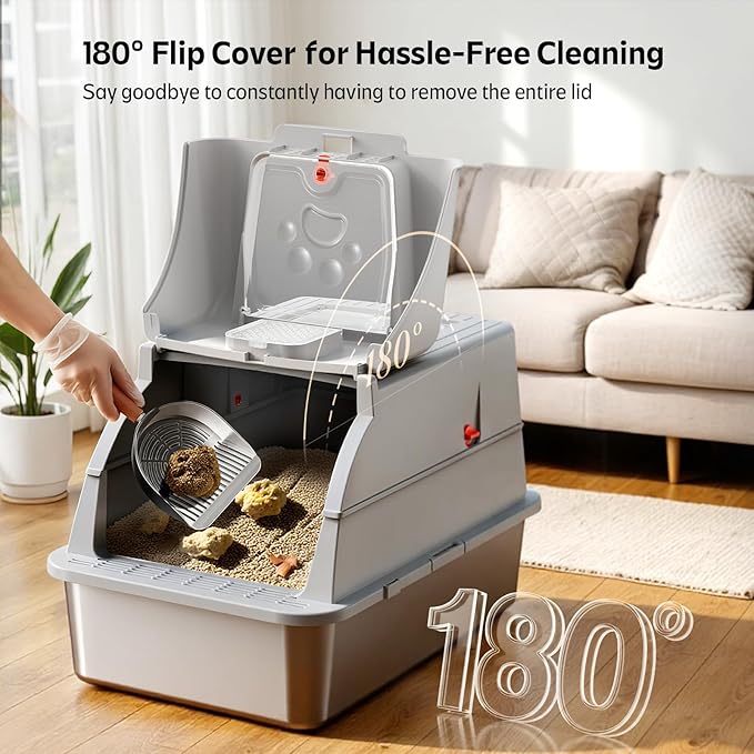 Stainless Steel Litter Box with Lid, XL Large Metal Box for Cats 180° Flip Cover, Non-Odor Enclosure Litter Box with Litter Scoop and Litter Mat (Non-Sticky, Easy to Clean, Anti-Urine Leakage)