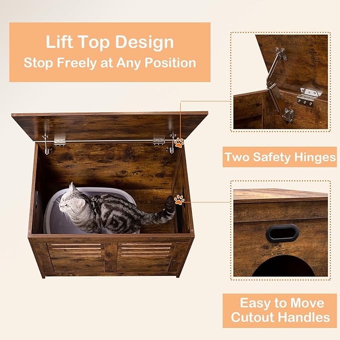 DINZI LVJ Litter Box Enclosure, Flip Top Litter Box Furniture with Good Ventilation, Hidden Cat Washroom, 27.6" L x 19.7" W x 19.7" H, Entrance Can Be on Left or Right, Wooden Cat House, Rustic Brown