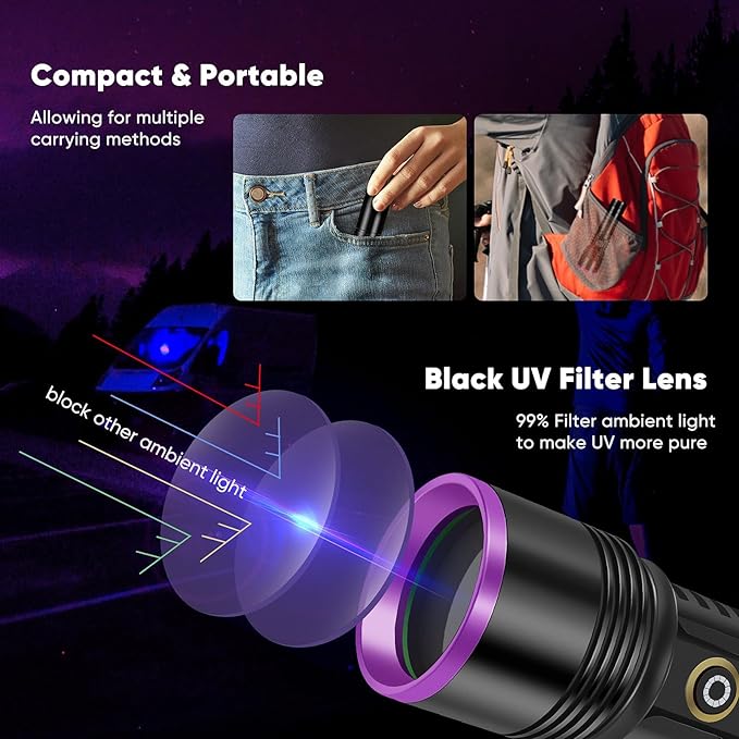 30W 365nm UV Flashlight USB Rechargeable UV Light High Power Black Light Flashlight for Pet Urine Detection, Resin Curing, Minerals, Blood tracking, Scorpion, Rockhounding,Yooperlites,A/C Leak Detect