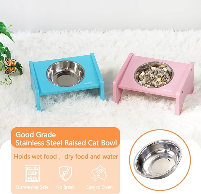 Elevated Cat Bowls,2 Stainless Steel Pet Food Water Feeder,15°Tilted Raised Pet Dish, Slanted Dog Bowl with Wood Stand for Kitty and Puppy,Wide 5.51" (Blue)
