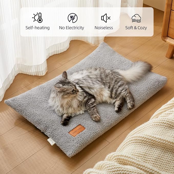 Self Warming Cat Bed Self Heating Pad 29 x 19 inch Thermal Pet mat for Indoor Outdoor Pets Double Filled Cat Mat with Washable Removable Cover Non-Slip Bottom (Light Gray)