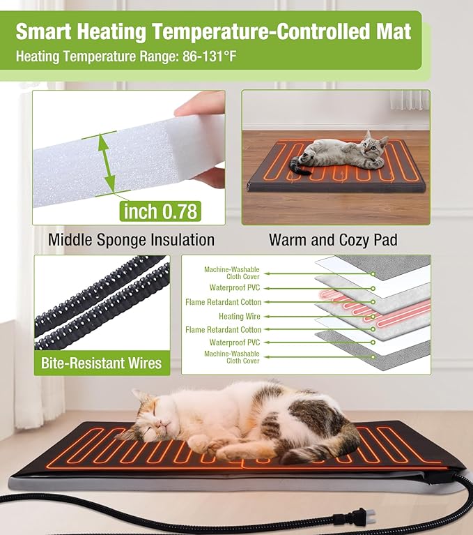 GUTINNEEN 2-Story Heated Cat House, Insulated Cat House Outdoor with Electric Heating Blanket, Waterproof Wooden Cat Shelter with Bite-Resistant Wires