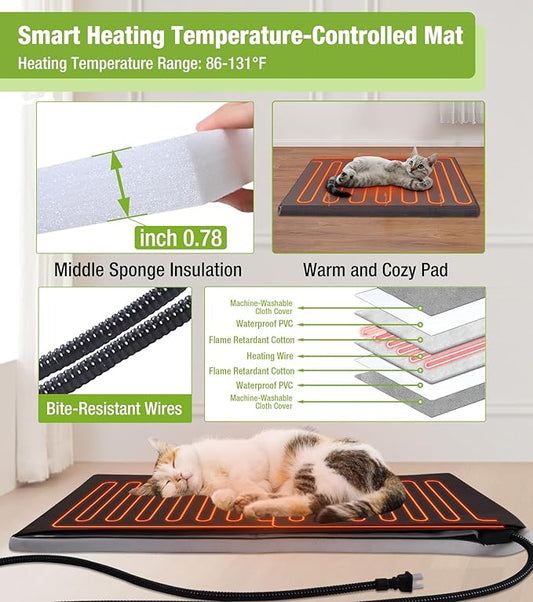 GUTINNEEN 2-Story Heated Cat House, Insulated Cat House Outdoor with Electric Heating Blanket, Waterproof Wooden Cat Shelter with Bite-Resistant Wires