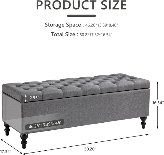 Ottoman with Storage,50.2-inch Upholstered End of Bed Storage Bench for Bedroom,for The Living Room,for Entryway, with Button and Safety Hinges,Detachable (Grey)