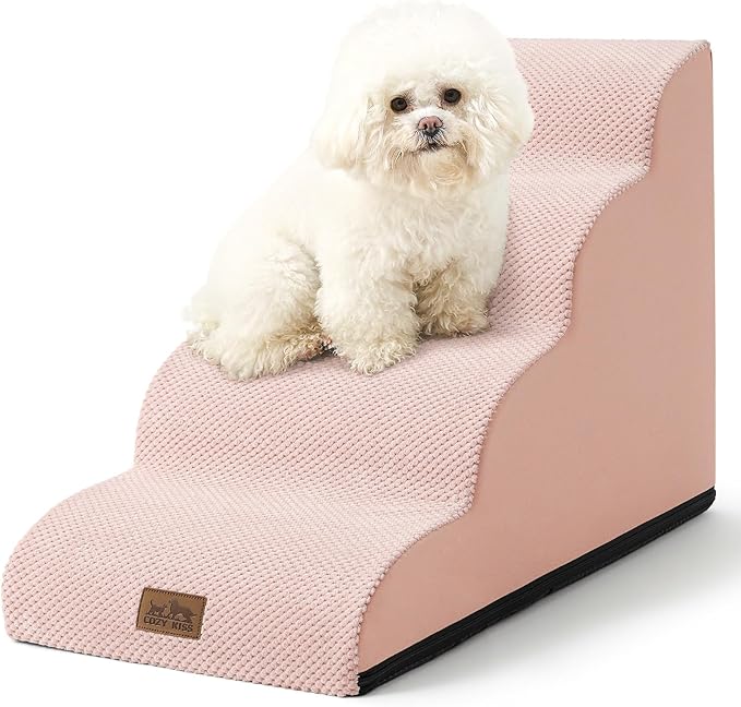 Dog Stairs for Small Dogs 19.7" H, Curved Dog Step for Puppy, Older or Cat, Medium Pet Ramp for Sofa, Couch or Bed, Ladder with High Density Foam, 15.7x28.3x19.7 inch, 4 Step, Pink