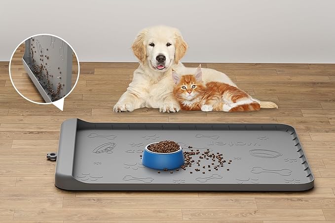 Dog Food Mat - Silicone Dog Mat for Food and Water - 28" x 20" Pet Feeding Mats with Residue Collection Pocket - Waterproof Dog Cat Bowl Mat with High Edges to Prevent Water Food Spills (Gray)