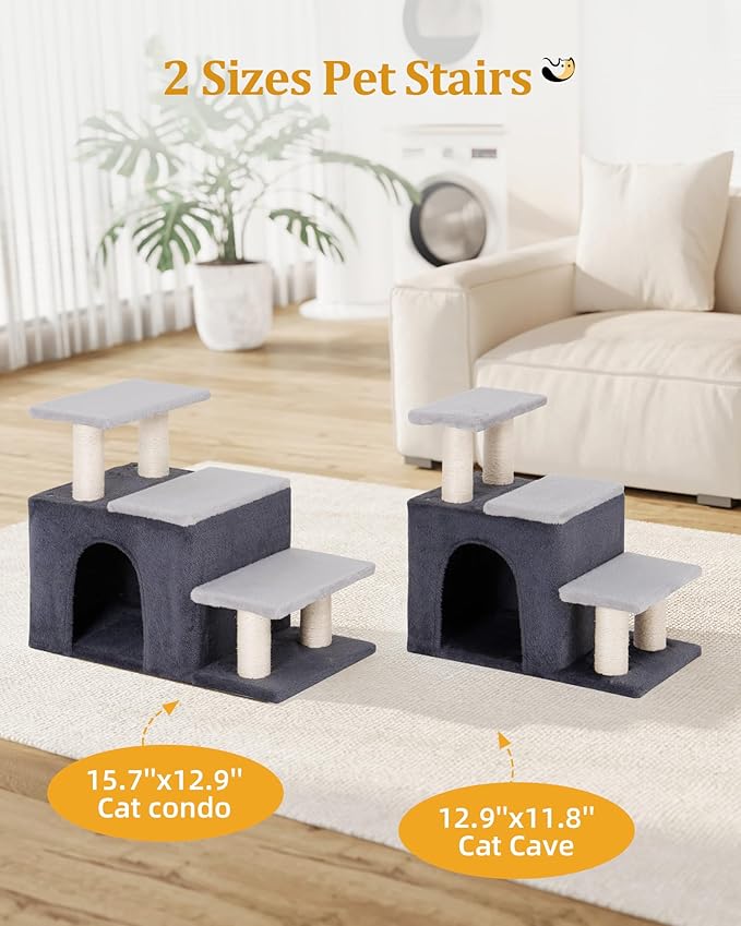 3-in-1 Pet Stairs for Cats, Dog Steps for Small Doggie, 6.29''Depth Cat Stairs, Indoor Cat Ladders for High Bed for Pet's Joints,Soft Plush, 1 Cat Condo Cave, Sisal Scratching Posts, Grey, Medium