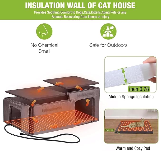 Gutinneen Heated Cat House for Outdoor Cats Insulated Kitty Shelter with Heating Pad Waterproof Cat Cage Keep Warm in Winter,Liner Include