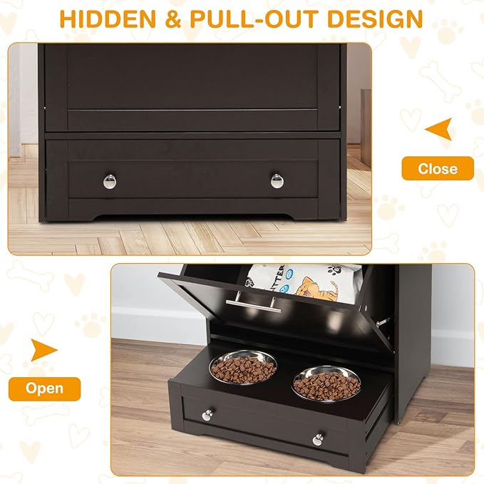 Tangkula Pet Feeder Station, Dog Food Storage Container With Double Pull Out Bowls, Food Toy Organizer Cabinet, Feeding Station Furniture for Dogs Cats Feeding & Watering Supplies (Brown)