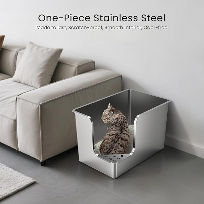Stainless Steel Litter Box 14.5" High-Side, XL Metal Cat Litter Box, Corner Opening Entry Pet Toilet, Cat Litter Pan with Wheels, Easy to Move, Non-Stick, No Odor, for Big or Multiple Cats