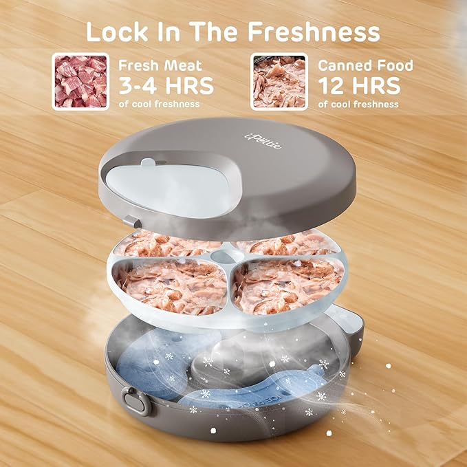 iPettie Zharko Four Meals Automatic Wet Food Feeder - True 4 Meal Design with Locking Lid, Smart Cat Timer Automatic Feeder for Wet Cat Food, Two Ice Packs, Easy to Clean & Portable Design