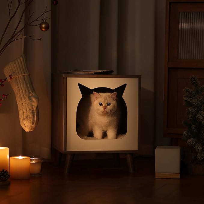 Cat House Wooden Cat Condo Cube Shaped,Modern Cat Bed Side Table & Nightstand,Cat Shelter Furniture with Cushion Cat Scratch Pad,Grey