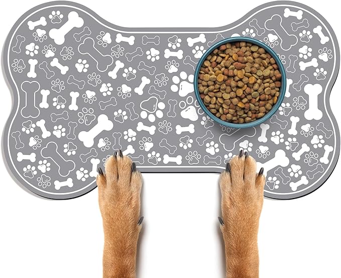 Dog & Cat Food Mat Bone Shaped Pet Feeding Mat Quick Absorb Water Bowl Placemat with Rubber Backing Indoor Floor Stain Resistant Pet Accessory Supplies (Grey, 17x29 Inches)
